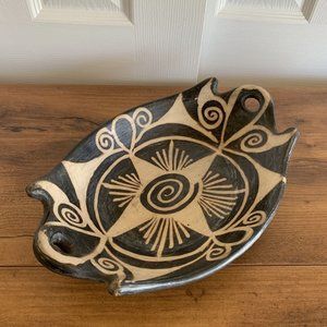 Vintage Pottery Tray with Handles 13” Rustic Tribal Brown Cream